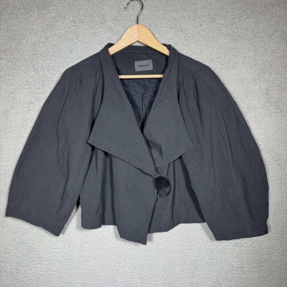 OSKA Gray Cropped Jacket Sz 2 Button Cotton Lagenlook Oversized Baggy